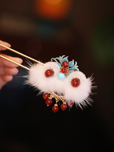 国风古典喜庆毛茸茸可爱醒狮儿童簪子盘发头饰 古风u型发簪中式