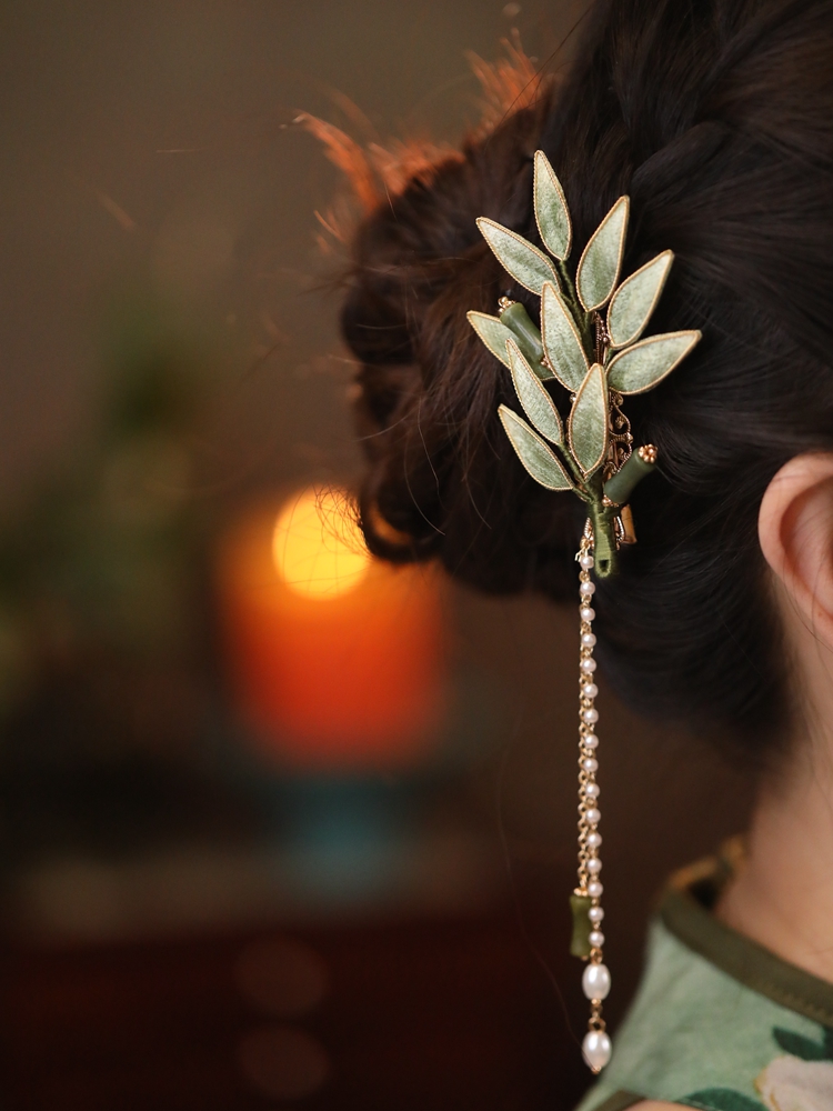 秋季发饰布绒竹叶国风新中式发夹