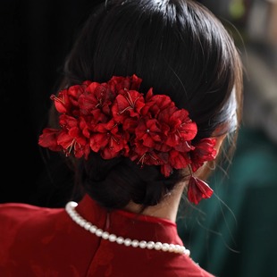 新中式红色花朵秀禾发饰新娘头饰结婚婚礼旗袍配饰发夹古风汉服女