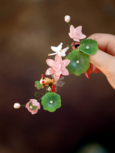 汉服头饰女 荷花荷叶古典发夹女夏季后脑勺小清新侧边夹古风发饰