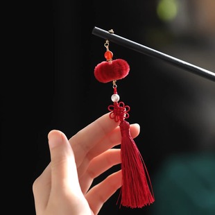 新年头饰喜庆红色灯笼发簪新中式 盘发丸子头步摇流苏古风汉服木簪