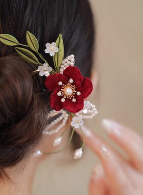 缠花发簪红色花朵钗子古典