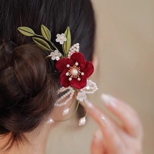 缠花发簪高级感红色花朵钗子古典汉服旗袍配饰丸子头u型簪子盘发