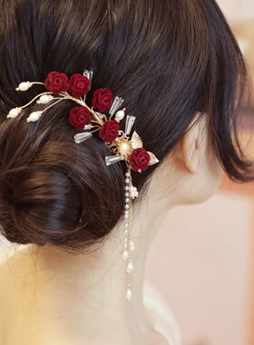 秀禾头饰半扎发发夹女后脑勺敬酒服发饰古风旗袍汉服侧夹流苏红色