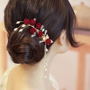 秀禾头饰半扎发发夹女后脑勺敬酒服发饰古风旗袍汉服侧夹流苏红色