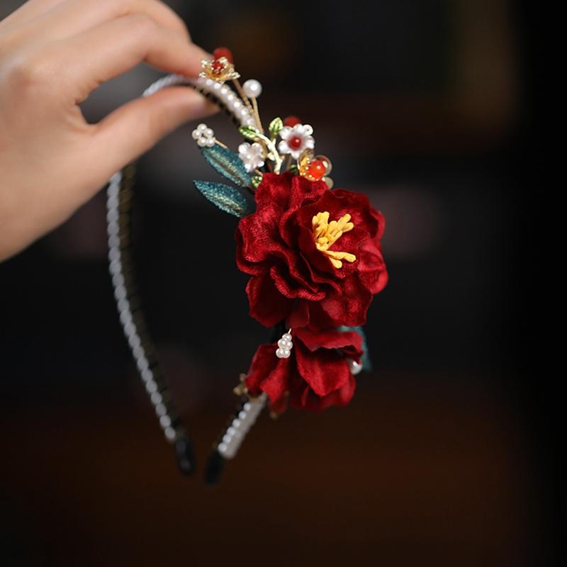 发箍秋冬复古气质山茶花秀禾头饰古风汉服发饰压发发卡红色头箍女