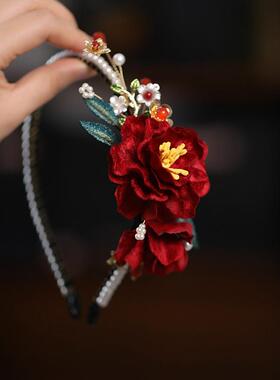 发箍秋冬复古气质山茶花秀禾头饰古风汉服发饰压发发卡红色头箍女
