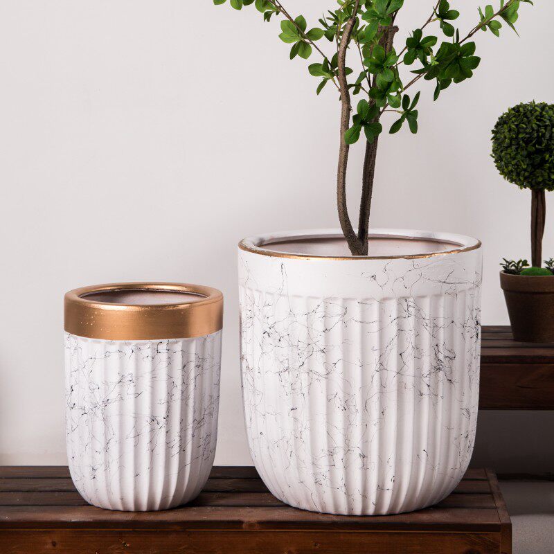 特大号白色竖纹陶瓷花盆北欧简约客厅阳台落地种植发财树大码花盆