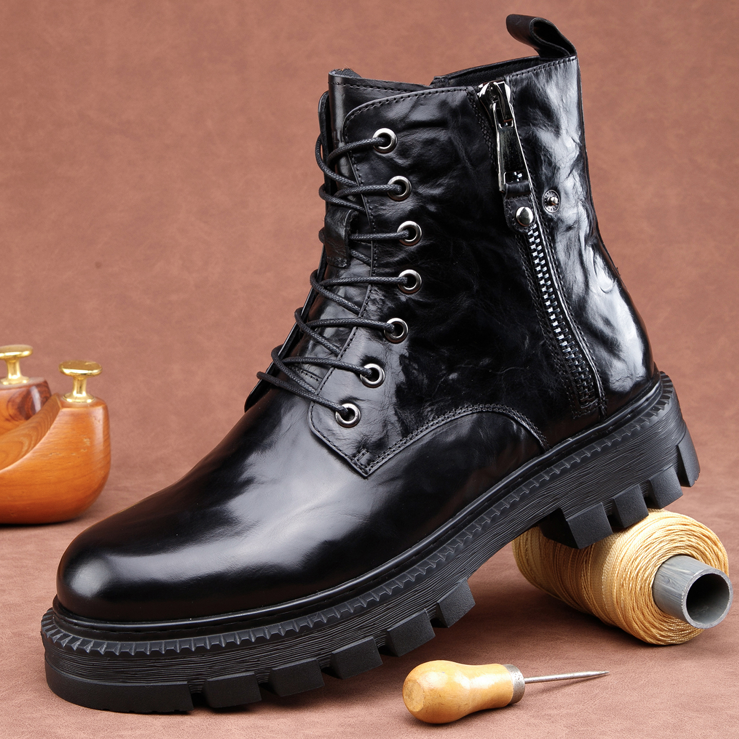 金利来男鞋冬季加绒真皮手抓纹厚底保暖商务棉鞋时装马丁靴工装靴