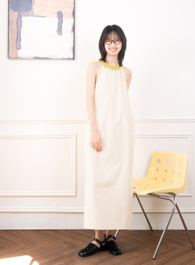 APPENDAGE纯棉撞色圆领挂脖连衣裙女2025夏季新品简约风长款裙子