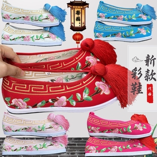 戏曲京越剧千层底舞台演出绣花鞋花旦小旦戏剧平底斜纹布绣花彩鞋