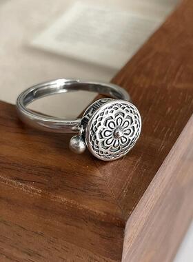 S925纯银六字真言戒指女复古民族风文艺范心经莲花座旋转开口可调