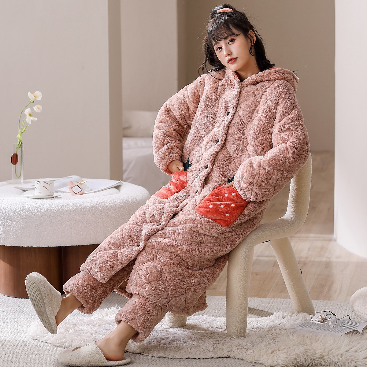 花丛丽影睡衣女冬季夹棉保暖加厚防风连帽中长裙上衣女士睡衣套装