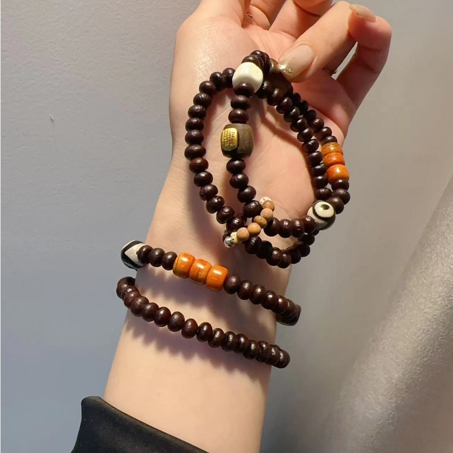 原创设计紫金钵盂双圈手链配多宝跑环五条经棋楠沉香坨骨天珠配饰