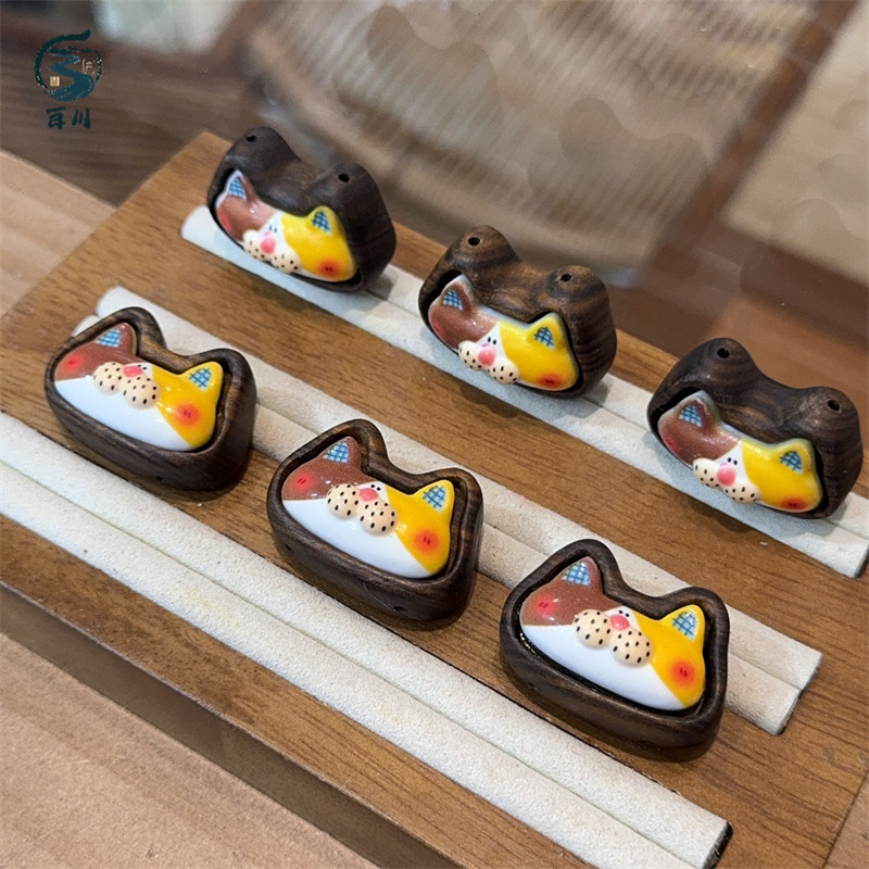 沉香镶嵌卡通小狐狸二饼diy配件手工编织手串挂件珠文玩配饰饰品