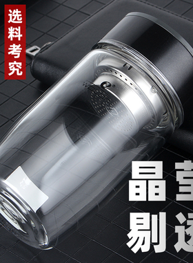 卧龙水杯单层车载玻璃杯男士加厚透明茶杯带滤网便携矮胖鹅蛋杯子