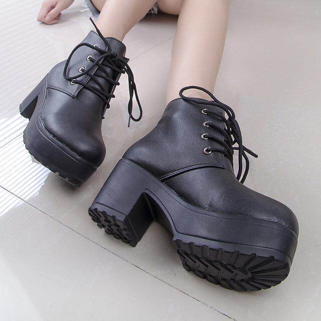BLACK AND WHITE TWO-COLOR JAPANESE UNIFORM SHOES COS UNIVERSAL TIE UNIFORM BOOTS THICK THICK SHORT BOOTS BLACK AND WHITE