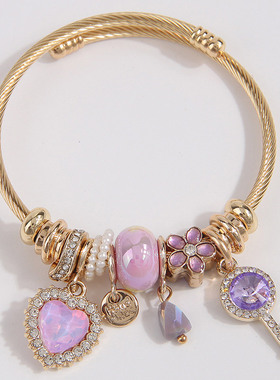 1个时尚 金属百搭潘DL简洁闪耀爱心钥匙坠多元素配饰个性手镯0218