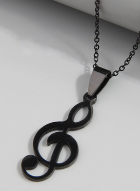 时尚简洁黑色音乐符不锈钢个性女项链1012