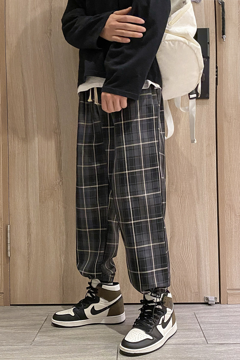 2021港风男格子裤春季新款九分休闲裤大码抽绳束脚裤K59-P45控68,男装休闲裤,星座810(原QT5070)