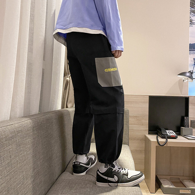 2021春季新款工装裤港风多口袋刺绣抽绳男9分裤子K57-P55控78,男装休闲裤,星座810(原QT5070)