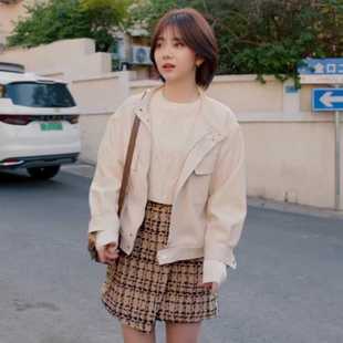 你比星光美丽谭松韵纪星同款米白色皮衣外套时尚口袋机车服皮夹克