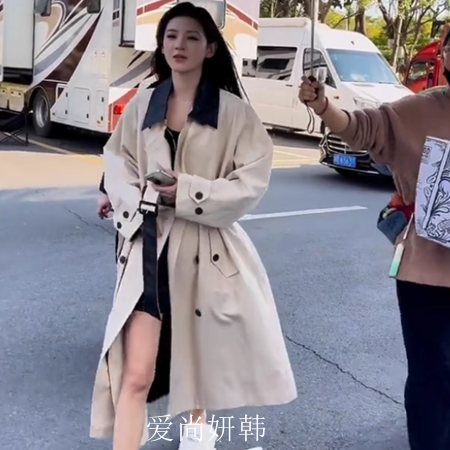 深情眼张予曦同款高级感宽松撞色翻领中长款外套休闲简约百搭风衣