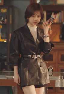 你比星光美丽纪星谭松韵同款黑色皮衣外套女时尚修身中长款夹克潮