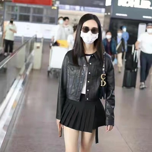 2022秋冬陈都灵张钧甯李娜同款黑色夹克外套新款潮pu皮衣女短款春