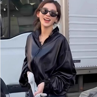 张予曦吴宣仪VAVA同款抽绳pu皮衣外套美式复古立领秋冬夹克短外套