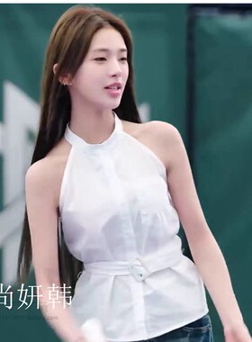 显瘦挂脖无袖衬衫腰带百搭上衣