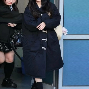 棉袄棉衣 新加厚中长款 李沅禧同款 黑色牛角扣学院风棉服外套女冬季