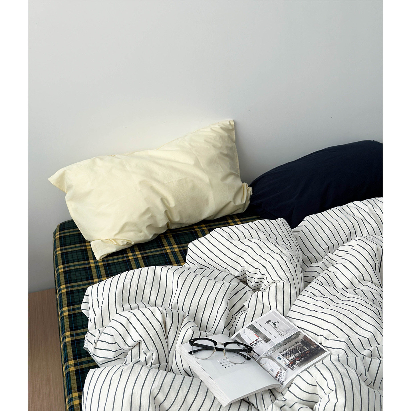 北欧黑白条纹复古全棉水洗棉床上四件套 ins简约裸睡纯棉床单被套
