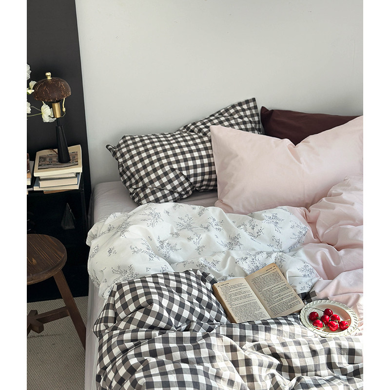 韩国ins中古粉全棉清新床上四件套 法式少女风纯棉床单被套三件套