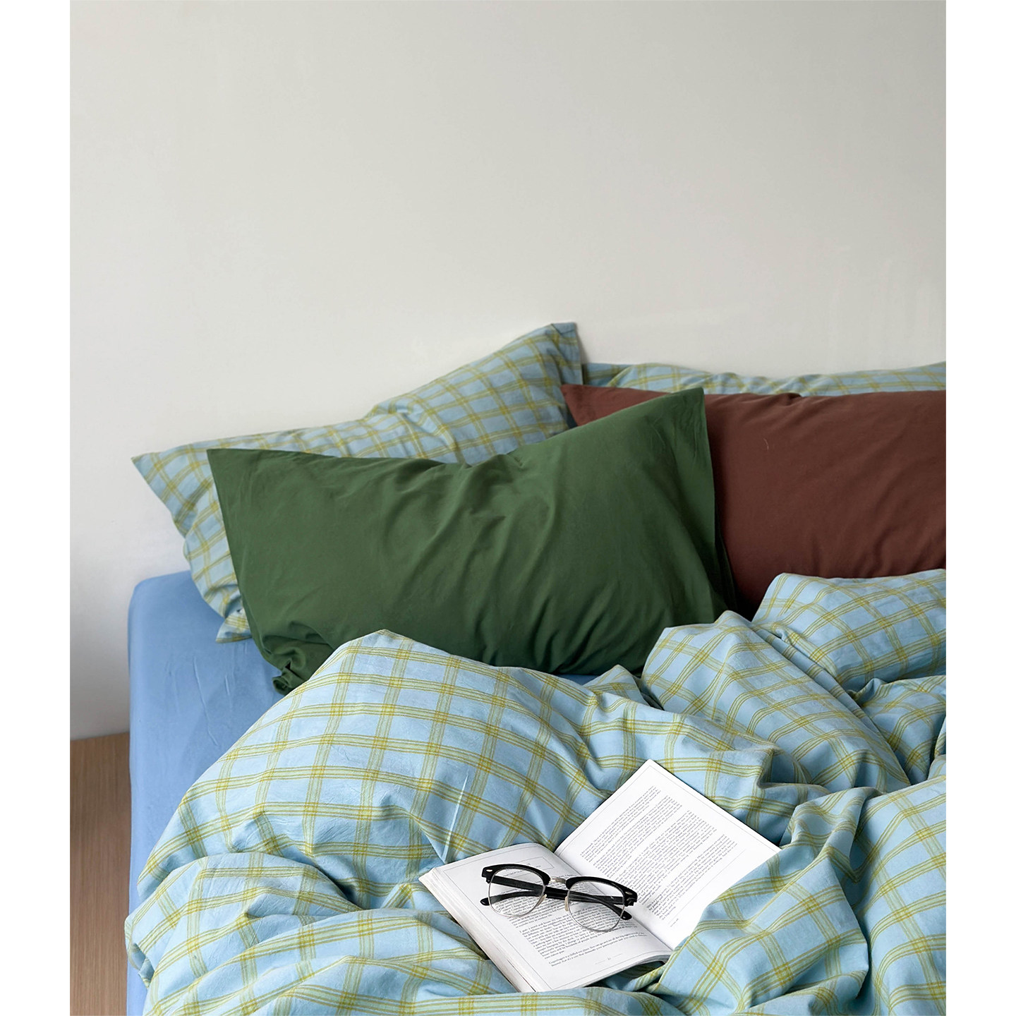 ins韩国复古绿格全棉水洗棉裸睡床上四件套 北欧简约纯棉床单被套
