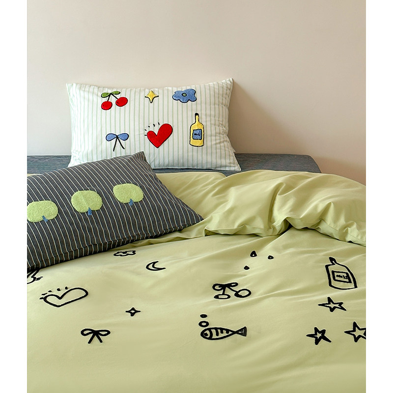 INS风韩国卡通毛巾绣全棉水洗棉床单被套床笠款少女心纯棉四件套