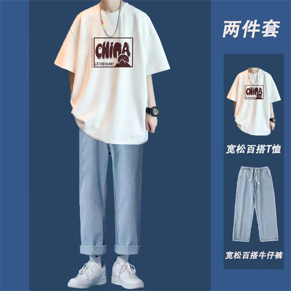 纯棉短袖T恤男士套装夏季潮牌男装两件套新款宽松休闲痞帅气一套