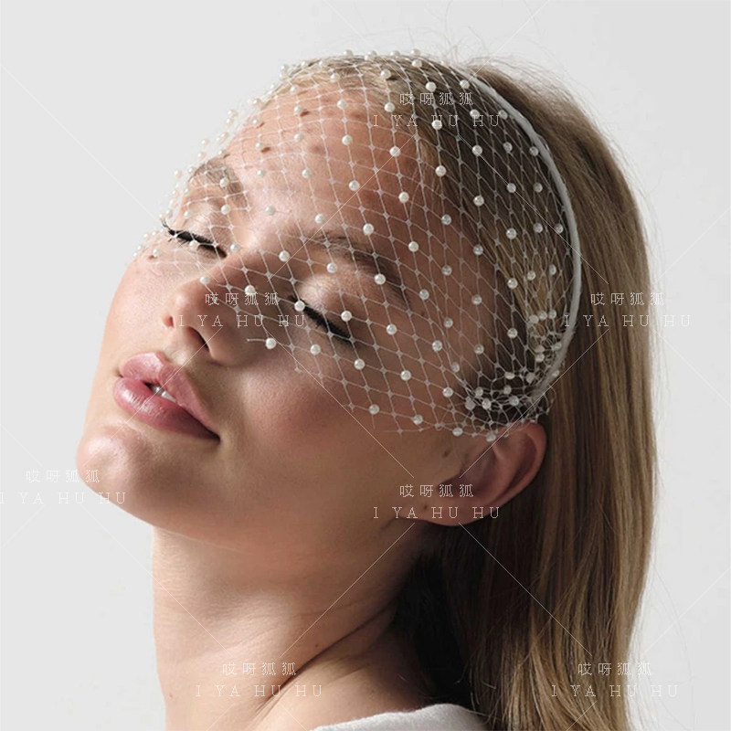 欧美新娘白色珍珠面纱发箍造型写真摄影遮脸头纱超仙水钻旅拍黑色