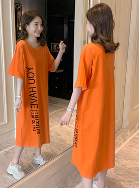 夏季韩版宽松肥大码T恤裙睡衣女短袖T恤裙过膝长款长裙棉家居睡裙