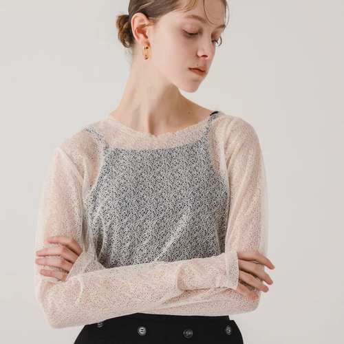 透视镂空不规则领口长袖衬衫上衣