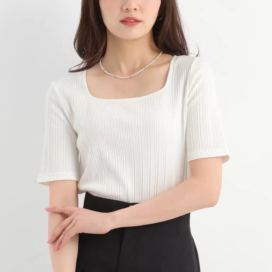 日单andem*u原单方领坑条修身中袖T恤女瘦百搭打底衫气质通勤上衣