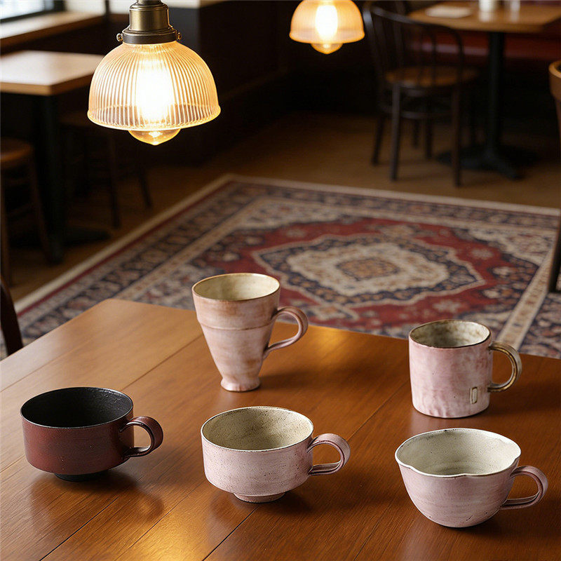 景德镇复古粗陶纯手工樱花粉手握杯咖啡杯马克杯水杯情侣款早餐杯