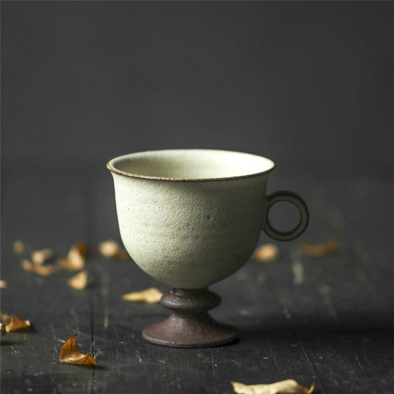 景德镇纯手工高足粉引咖啡杯白色紫砂开片可养马克杯茶杯家用餐具
