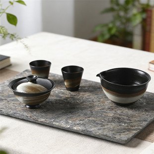 景德镇复古纯手工马蹄悬停水墨高足二才盖碗高温陶瓷功夫茶具套装