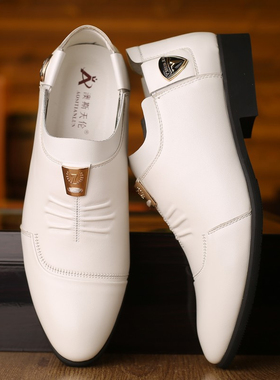 新款白色皮鞋英伦韩版商务正装真皮男鞋一脚蹬懒人套脚乐福休闲鞋