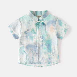 撤柜童装 新款 宝宝立领衬衣印花上衣国风短袖 夏季 tx2652 衬衫 特价