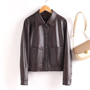 女士皮夹克直筒休闲翻领皮外套503 韩版 海宁皮衣女25新款 春秋短款