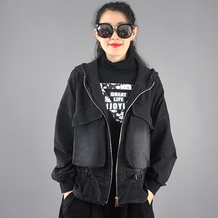 纯 磨白连帽女上衣短款 立体剪裁牛仔外套2025年春秋百搭女装 蝙蝠袖