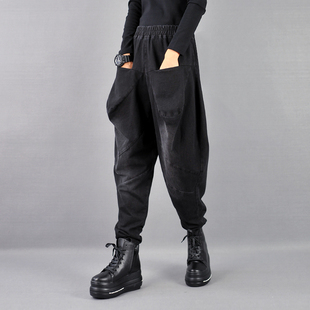 韩版 女灯笼裤 高腰磨毛宽松大码 小脚吊裆裤 子 口袋哈伦裤 2025秋冬款