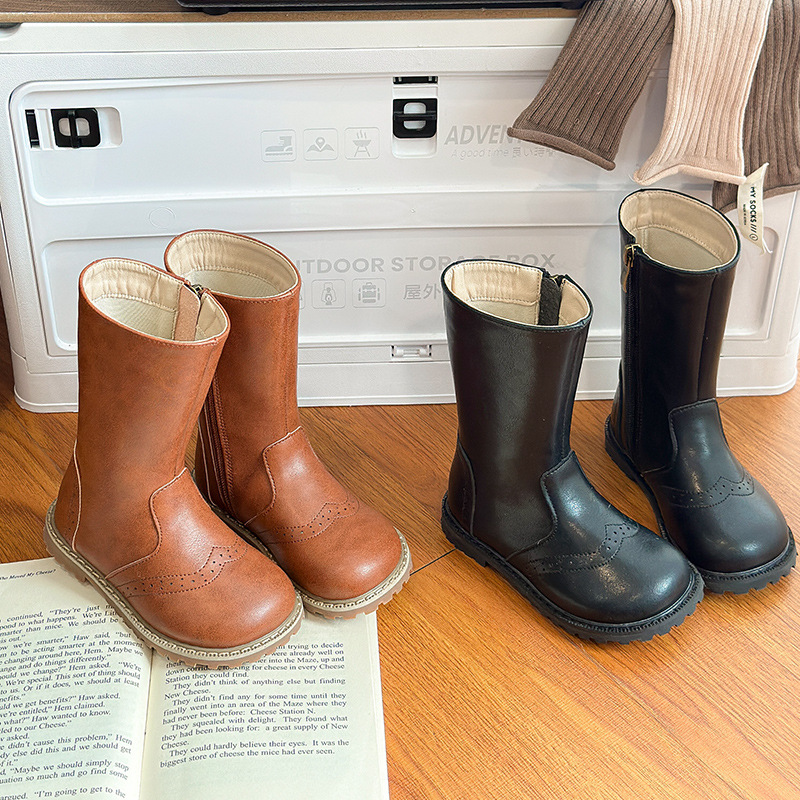 儿童高筒靴2025秋冬新款骑士靴女童靴子加绒长筒靴宝宝二棉马丁靴